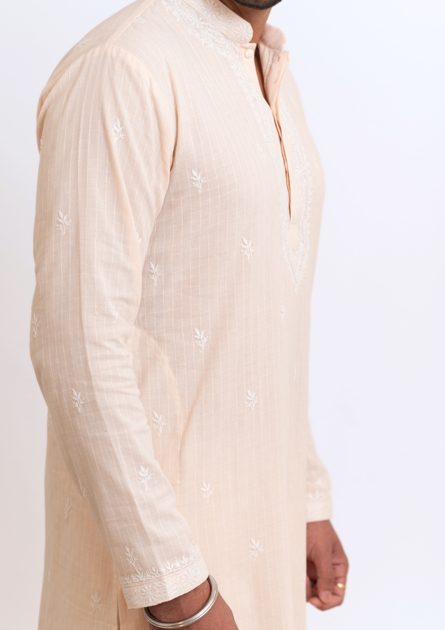 Cotton Chikankari Mens Kurta - Peach