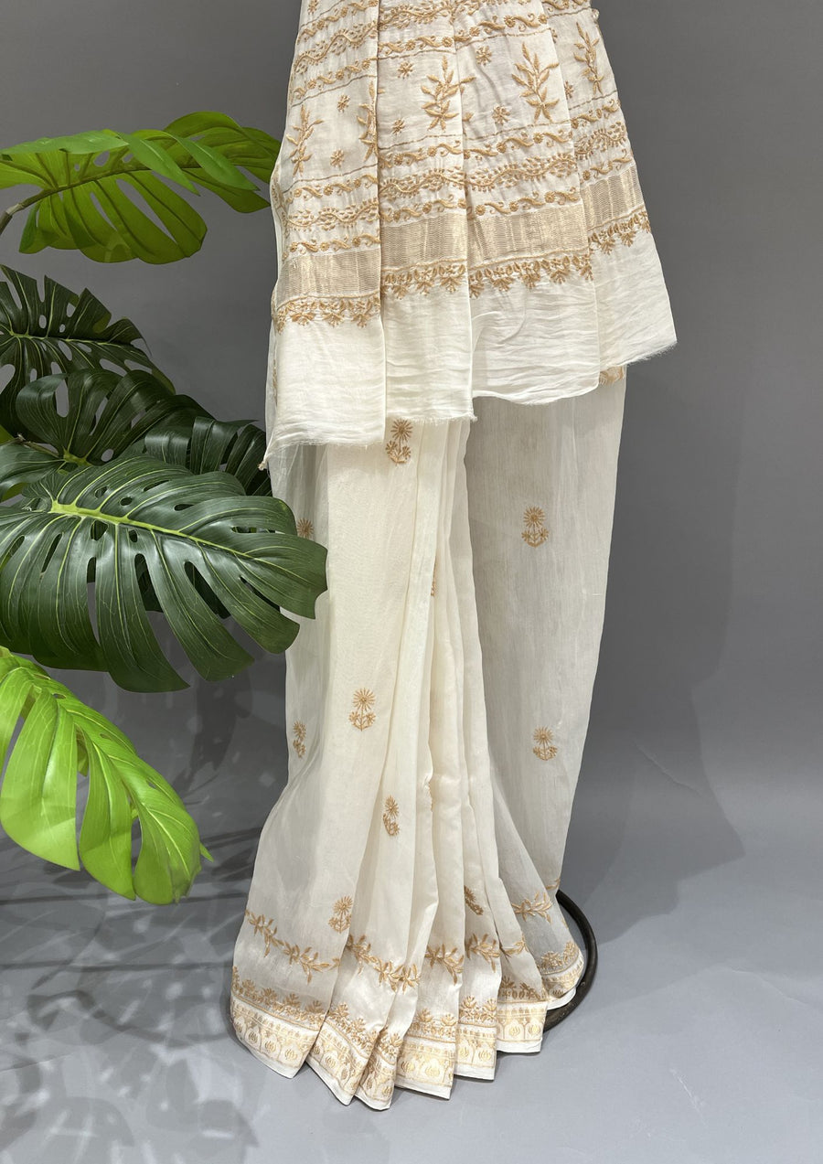 Chanderi Chikankari Saree - Ivory & Beige