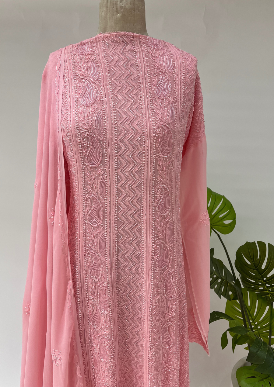 Viscose Chikankari Semistitched Anarkali - Bubblegum Pink