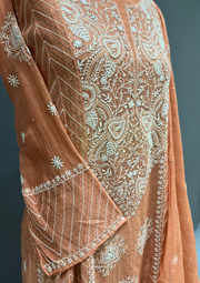 Chikankari Mul Chanderi Anarkali Set- Rust Orange