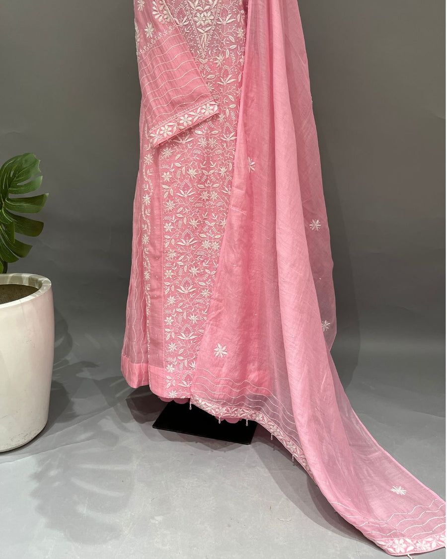 Mul Chanderi Chikankari Stitch Anarkali Set- Bubblegum Pink