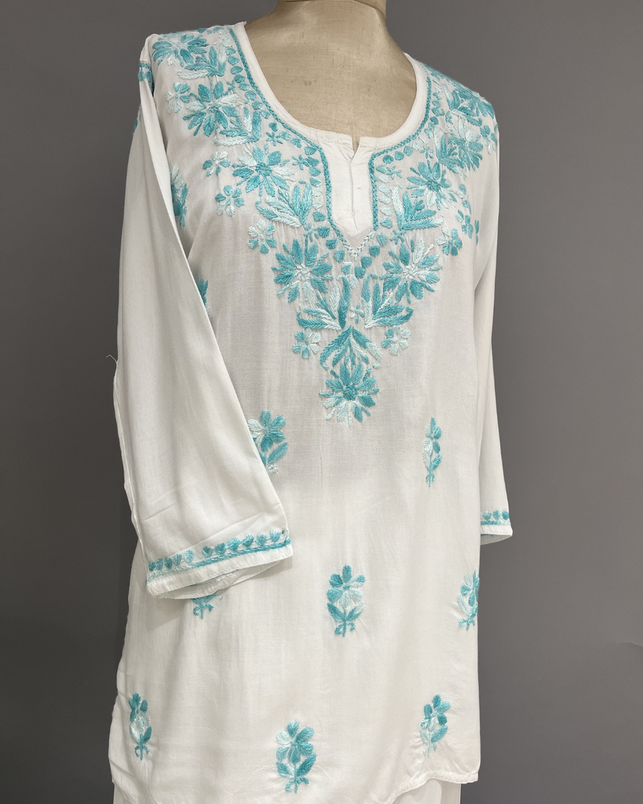 Rayon Chikankari Short Kurti - White and Sea Blue