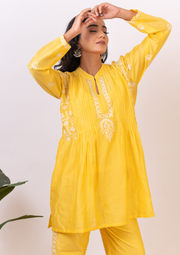 Chanderi chikankari coord set - bright yellow