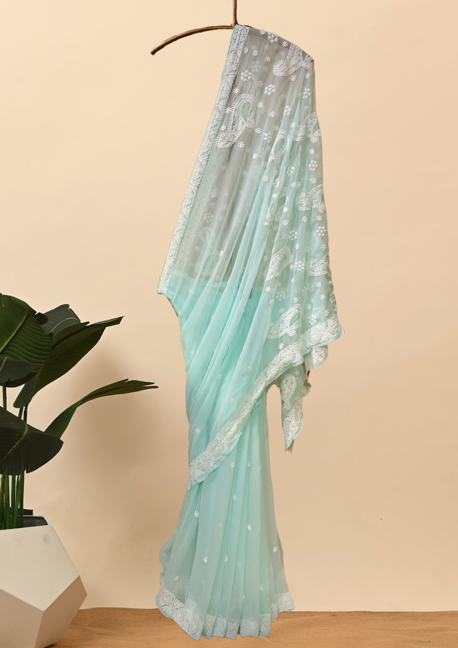 Georgette Chikankari Saree - aqua blue