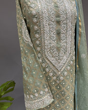 Banarsi Chanderi Chikankari Semistitch 2pc Suit - Tomatillo Green