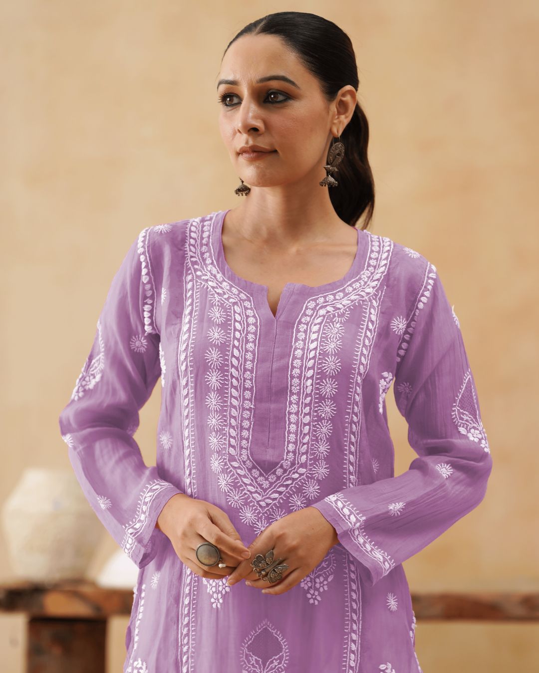 Mul Chikankari Long Kurti - Orchid