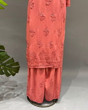 Rayon Chikankari Kurta and Bottom set - Coral Red