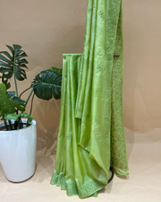 Chikankari Tussar Silk Saree - Lime Green