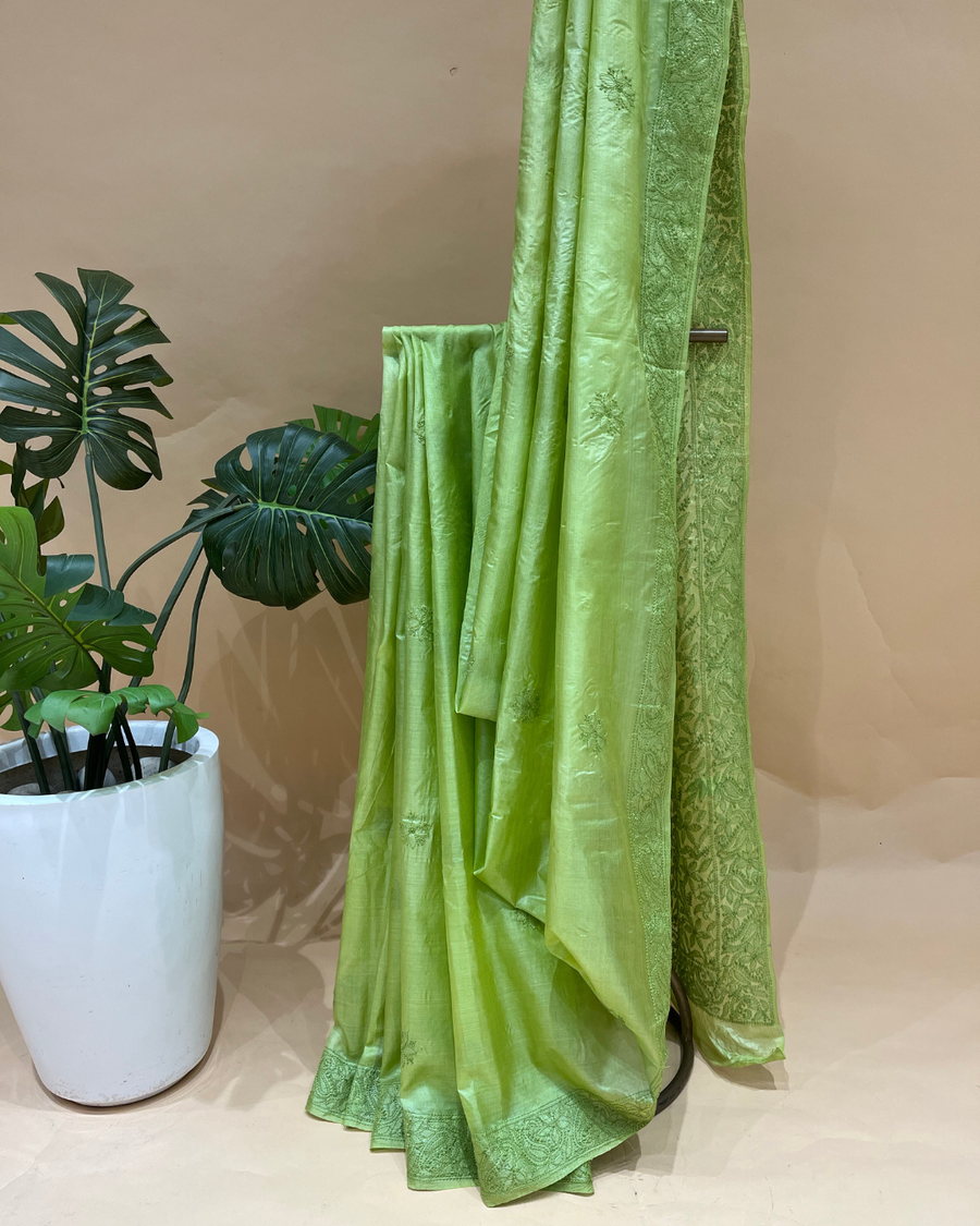 Chikankari Tussar Silk Saree - Lime Green