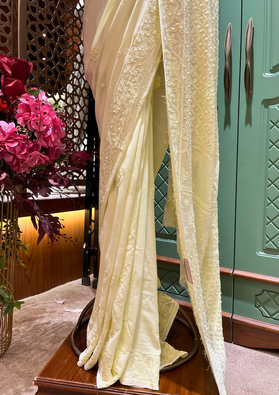 Chikankari Viscose Saree - Lime Yellow