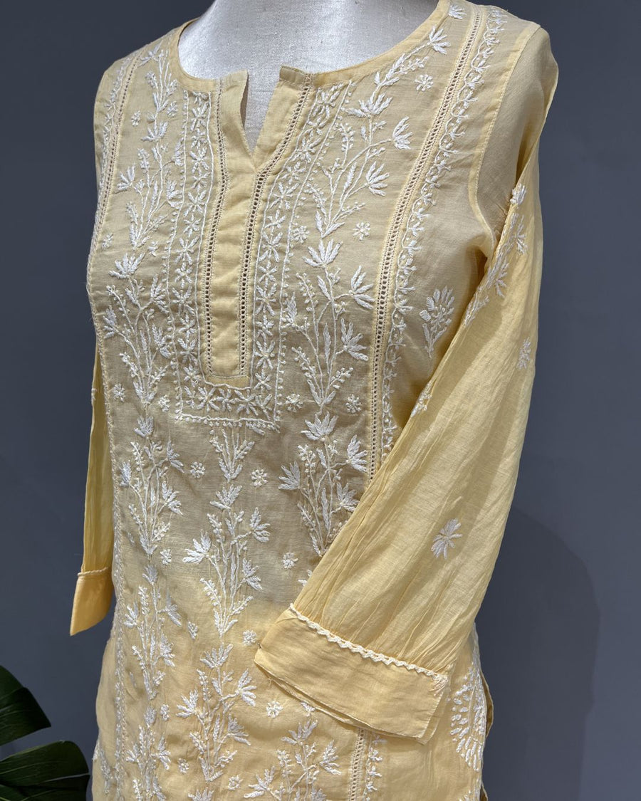 Chanderi Chikankari Co-ord Set - Banana Yellow