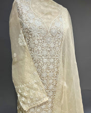 Organza Chikankari Unstitch 2Pc Suit - Ivory