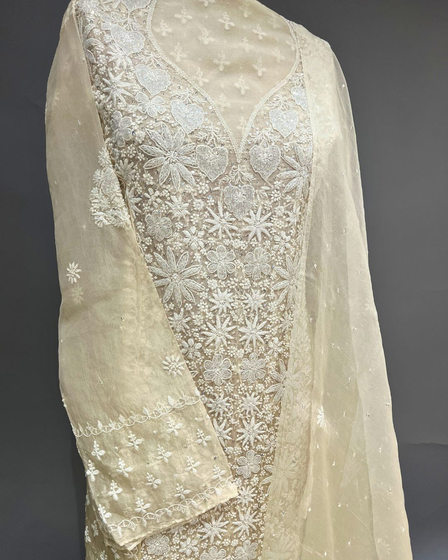 Organza Chikankari Unstitch 2Pc Suit - Ivory