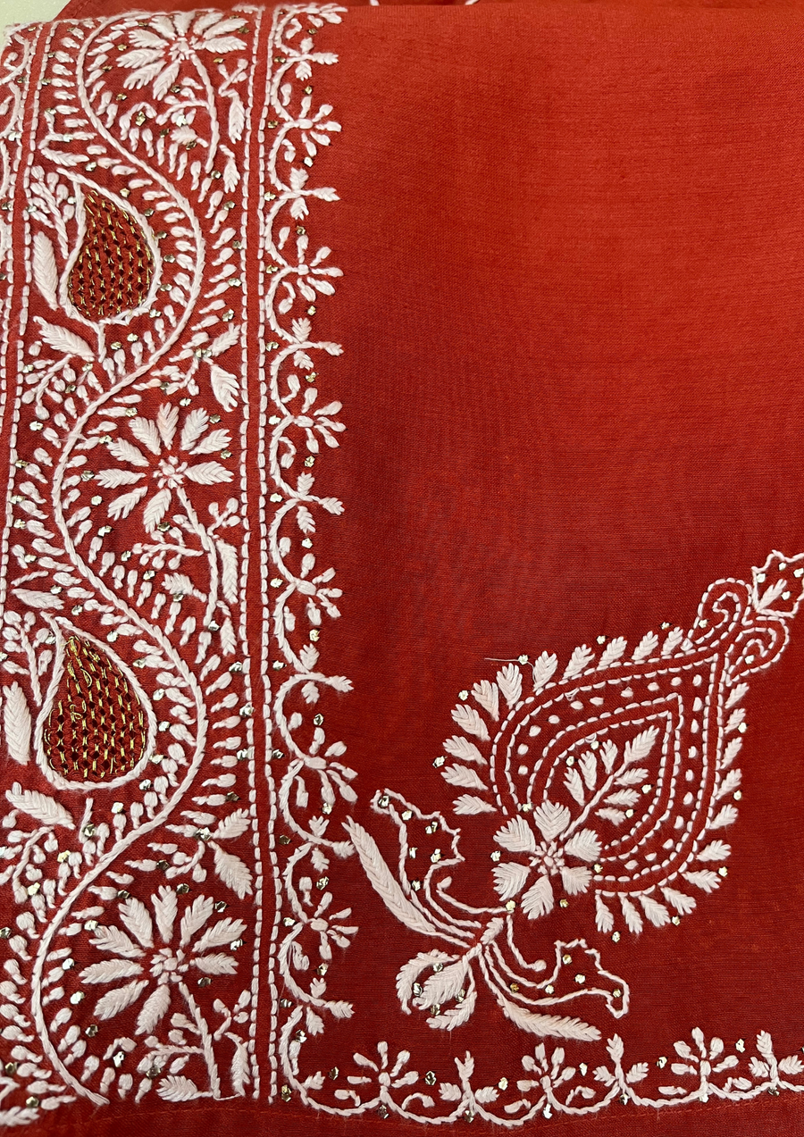 Chikankari Semistitched Chanderi Co-ord Set - Blood Red