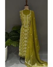 Mul Chanderi Chikankari Unstich 2pc suit - Mehendi Green