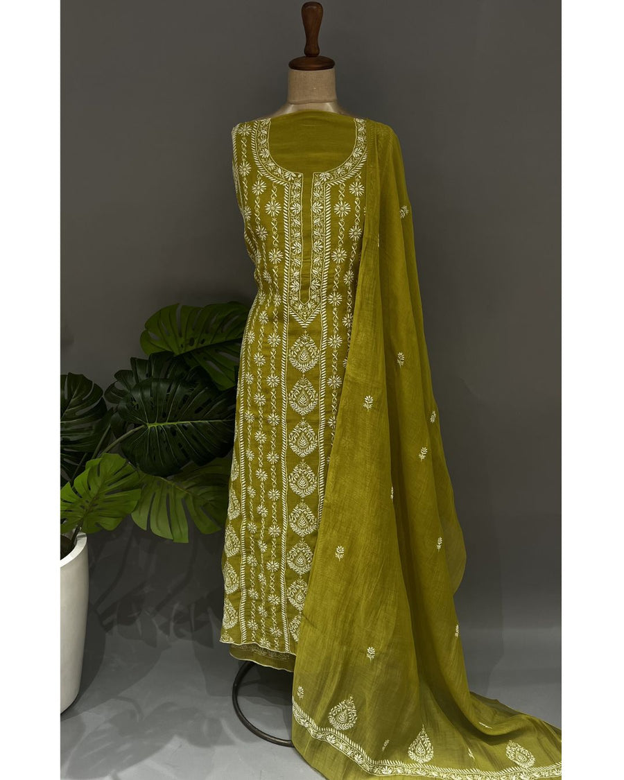 Mul Chanderi Chikankari Unstich 2pc suit - Mehendi Green