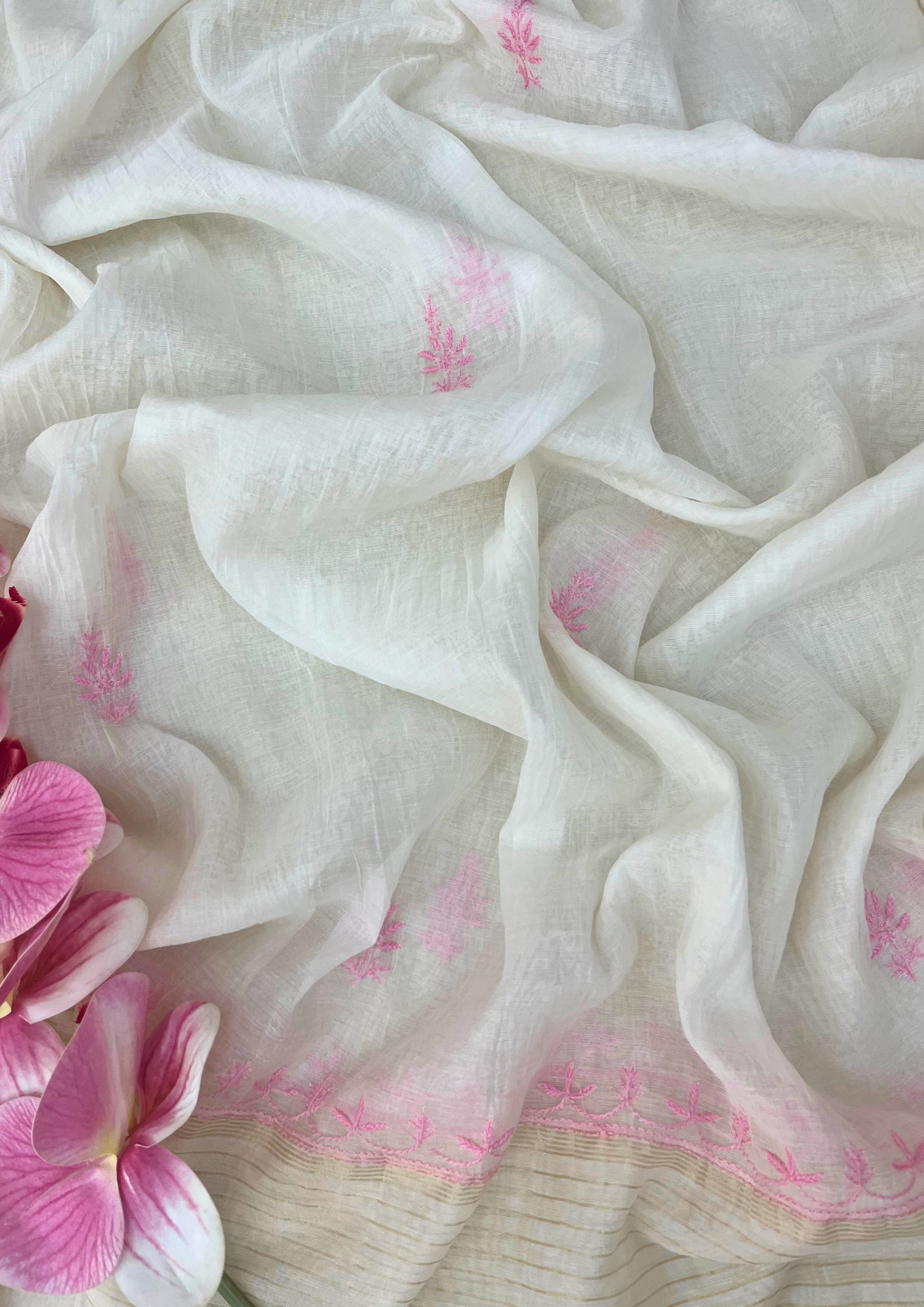 Chikankari Mul Chanderi Unstitched 2Pc Suit - White and pink