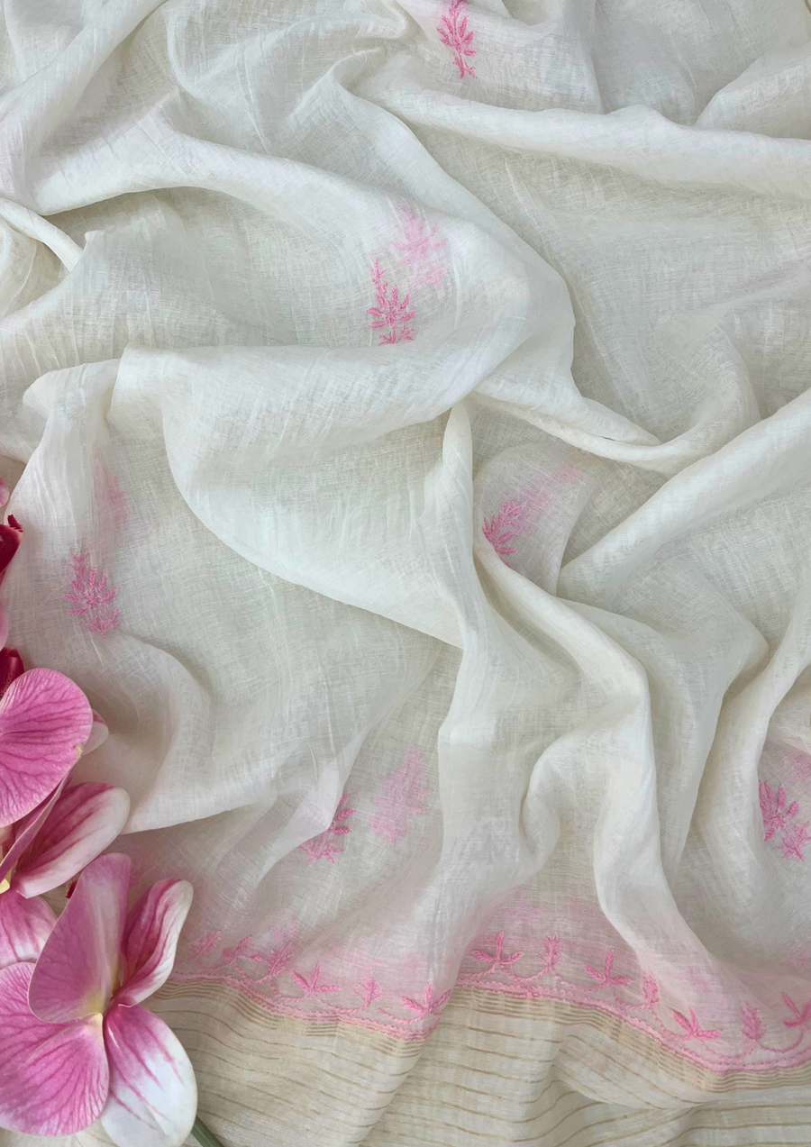Chikankari Mul Chanderi Unstitched 2Pc Suit - White and pink