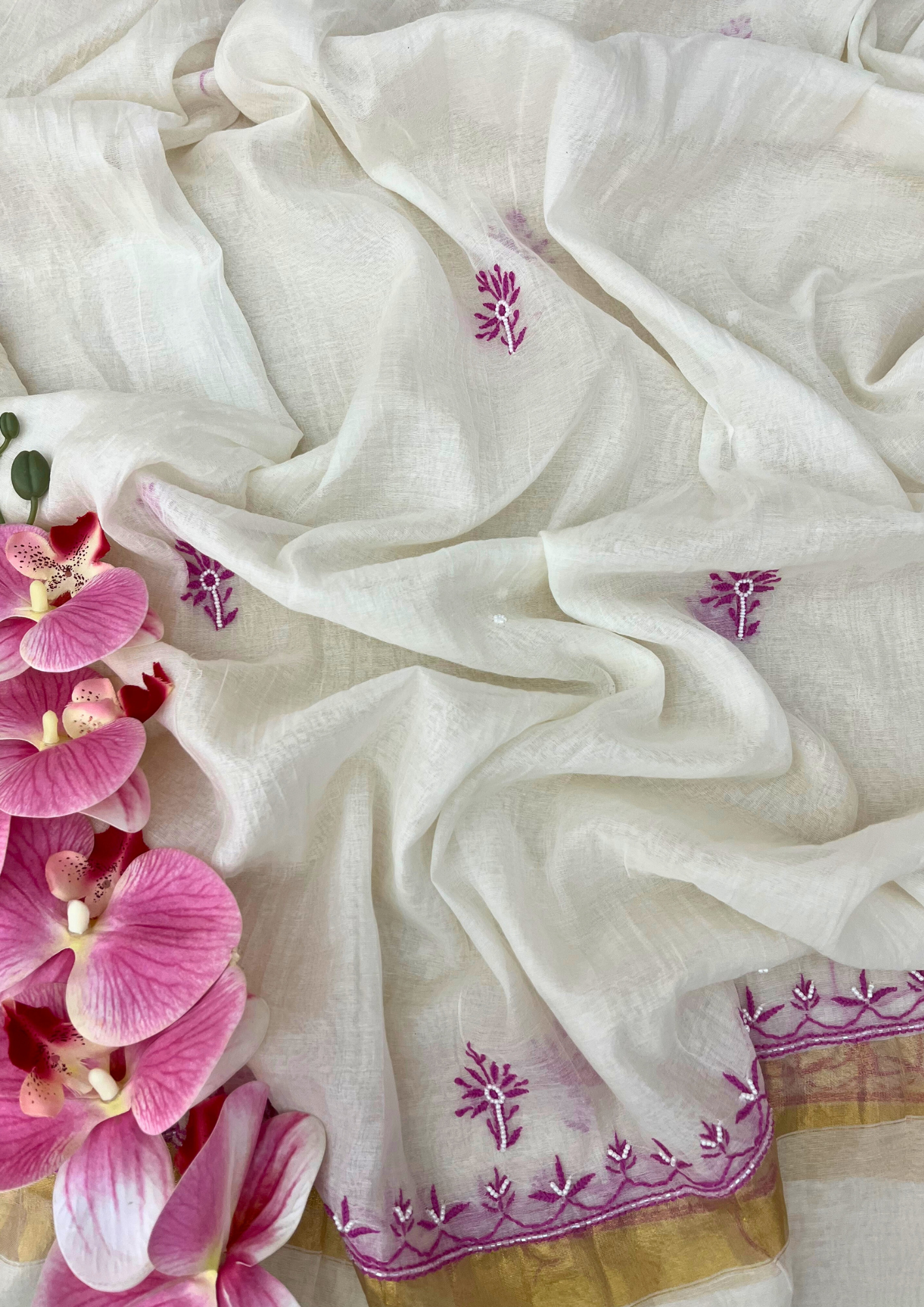 Chikankari Mul Chanderi Unstitched Suit - White and Plum