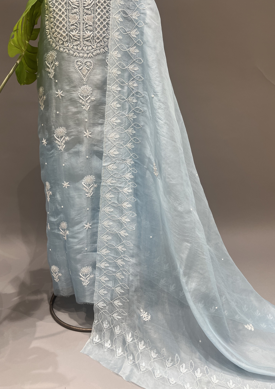 Organza Chikankari Unstitched Suit Set - Powder Blue