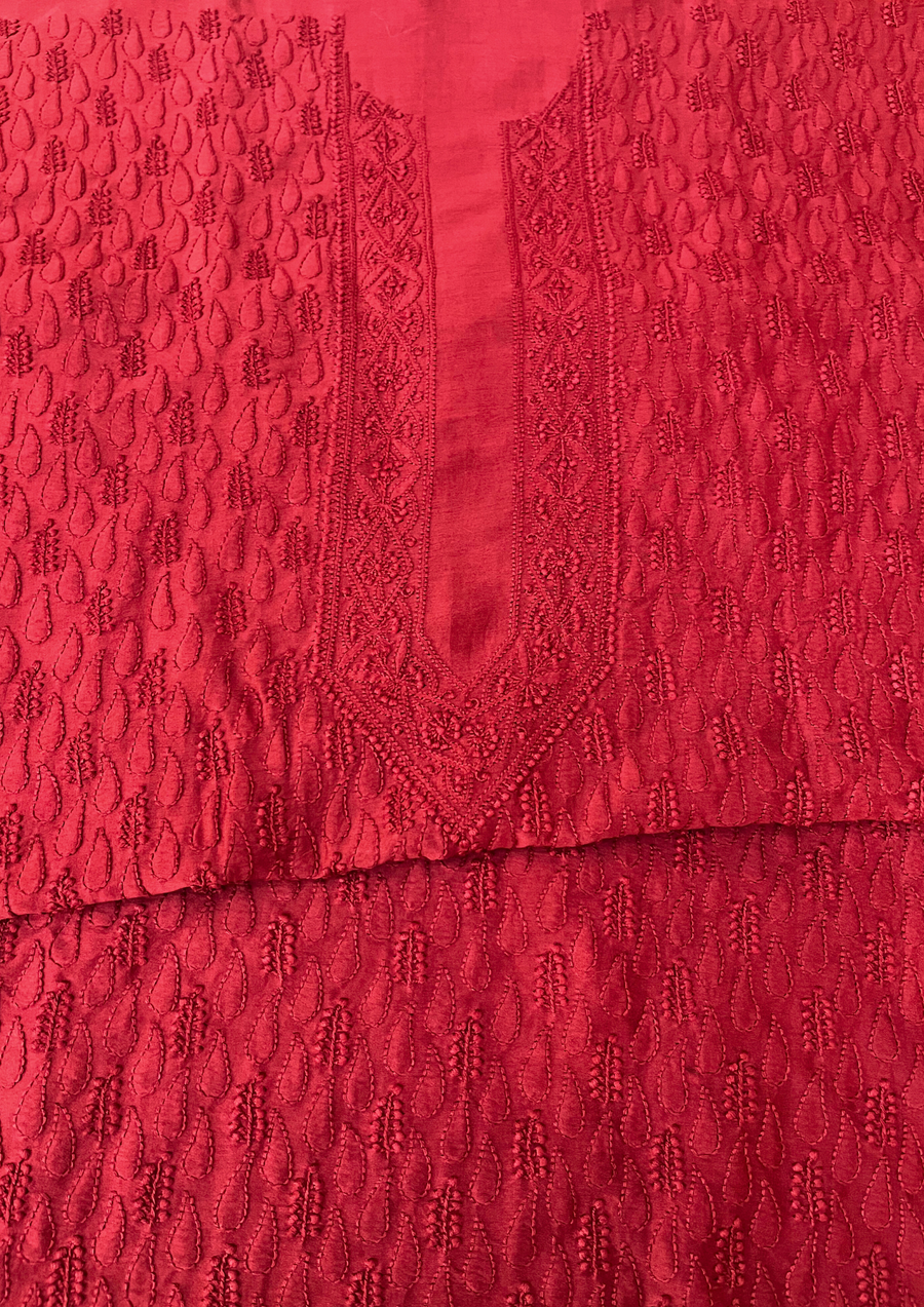 Chanderi Chikankari Unstitch Mens Kurta - Red