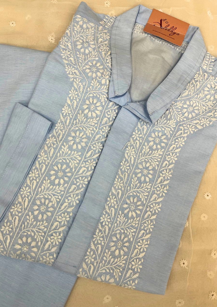 Cotton Chikankari Stitched Mens Kurta - Powder Blue