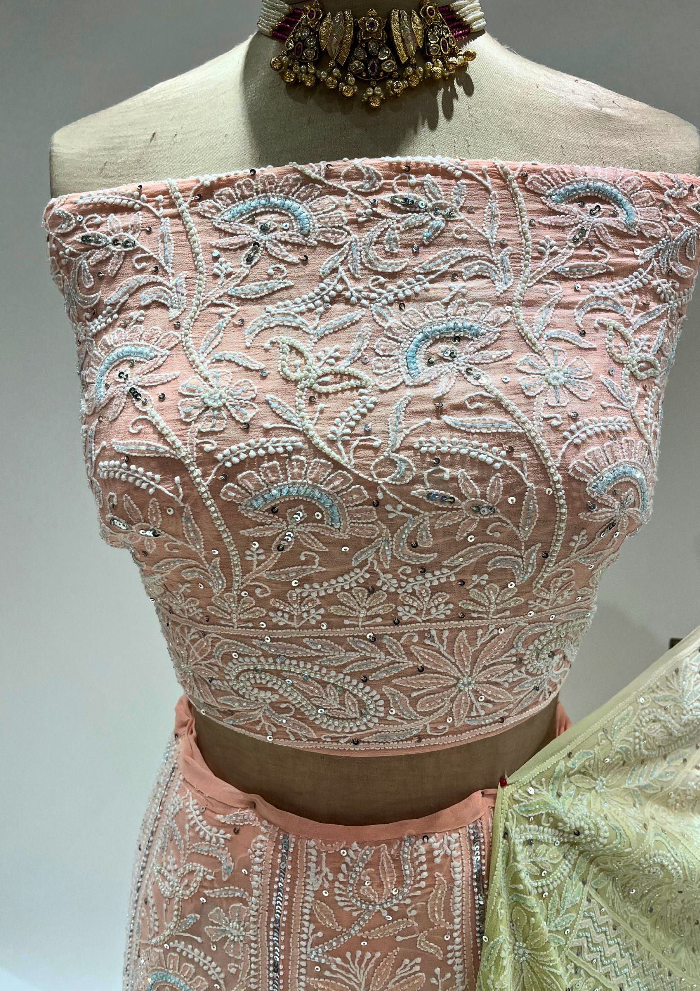 Pure Georgette Chikankari Unstitched Lehenga - Peach and Lime Green