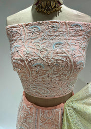 Pure Georgette Chikankari Unstitched Lehenga - Peach and Lime Green