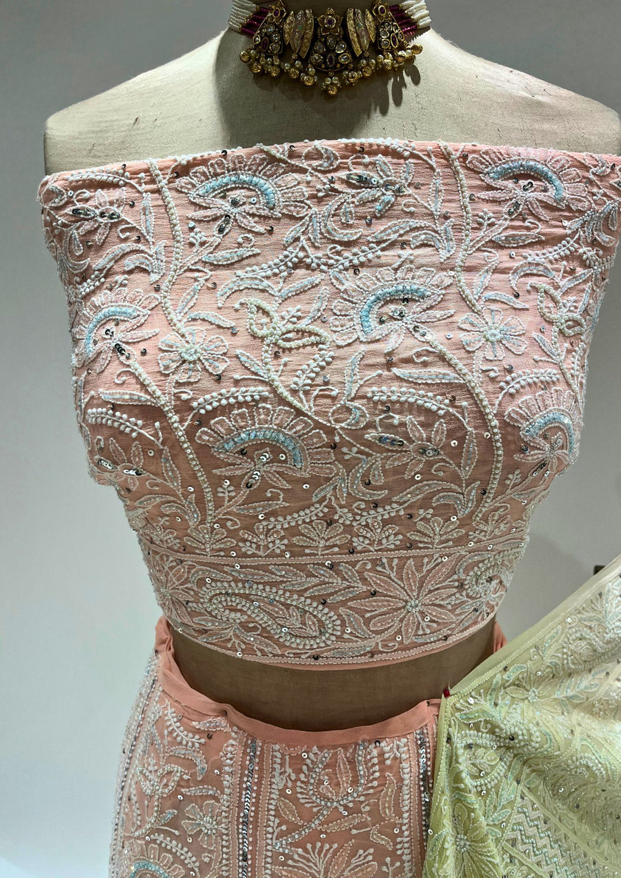 Pure Georgette Chikankari Unstitched Lehenga - Peach and Lime Green