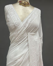 Viscose Chikankari Saree - White & Pink