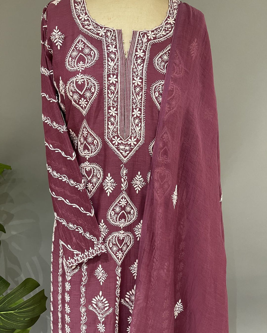 Mul Chanderi Chikankari Stitch 3 pc Suit - Wine