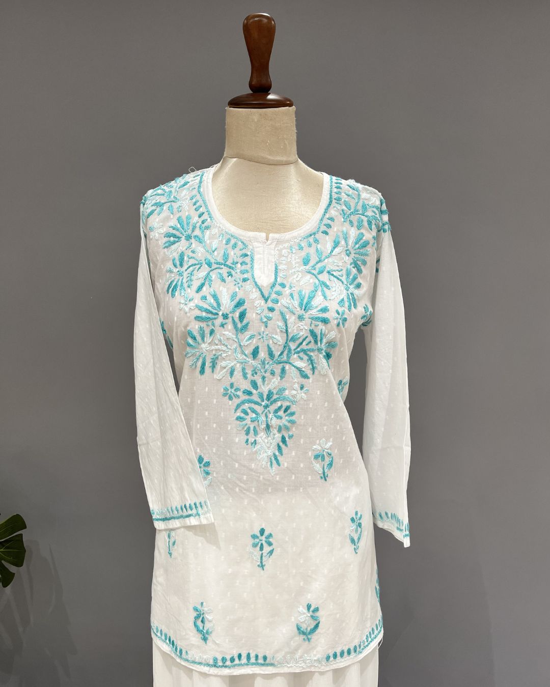 Cotton Chikankari Short Kurti - White & Sky Blue