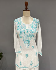 Cotton Chikankari Short Kurti - White & Sky Blue