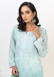 Muslin Chikankari Long Kurti - Ombre Teal Green