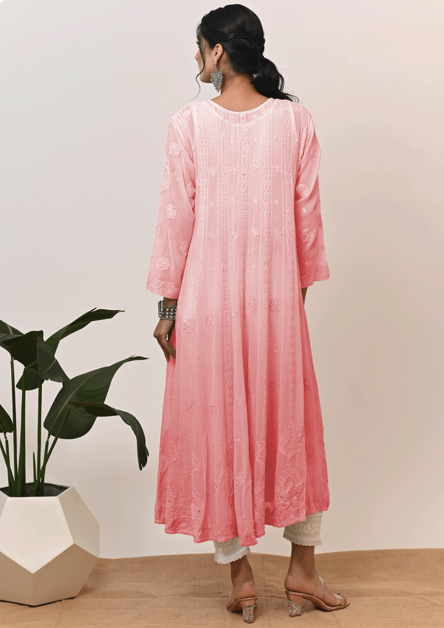 Georgette Anarkali Chikankari Kurta - Ombre Rose Pink