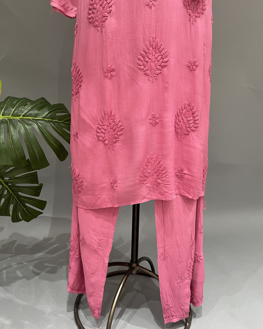 Rayon Chikankari Kurta and Bottom set - Taffy Pink