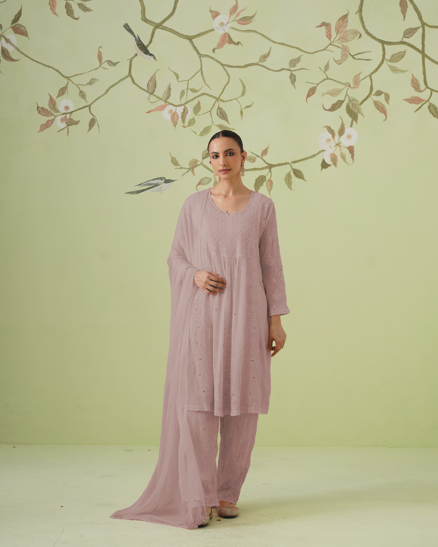 Chikankari Viscose Short Kurta Suit Set - Ombre Dusty Mauve