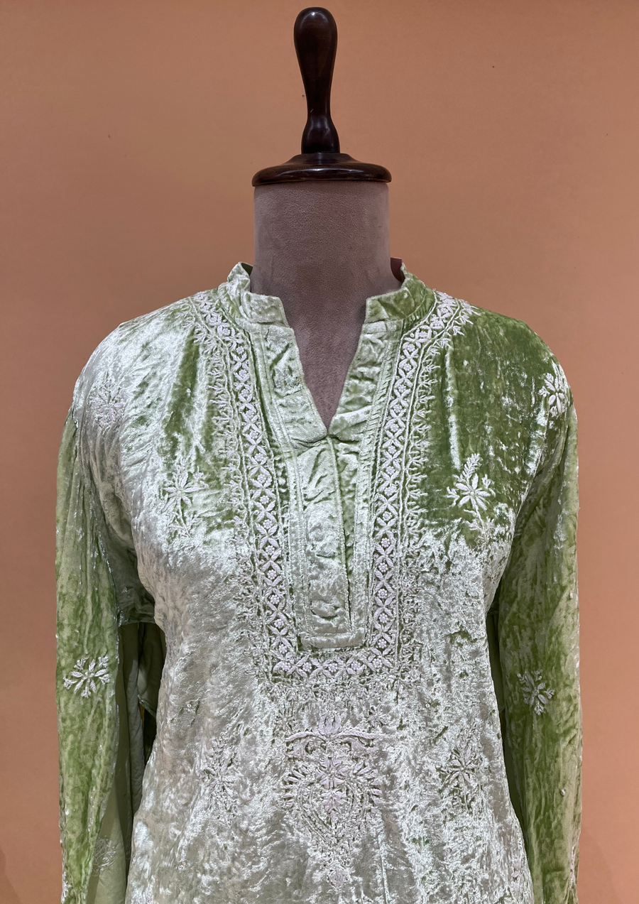 Velvet Chikankari Unstitched Coord Set - Mint Green