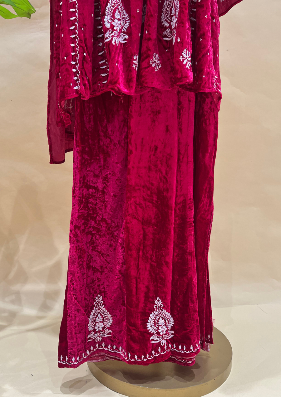 Velvet Chikankari Semistitched Sharara Set - Magenta Pink