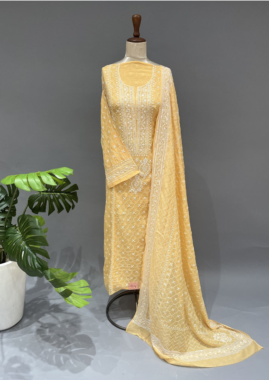 Mul Chanderi Chikankari Unstitch 2pc Suit Set - Candlelight Orange