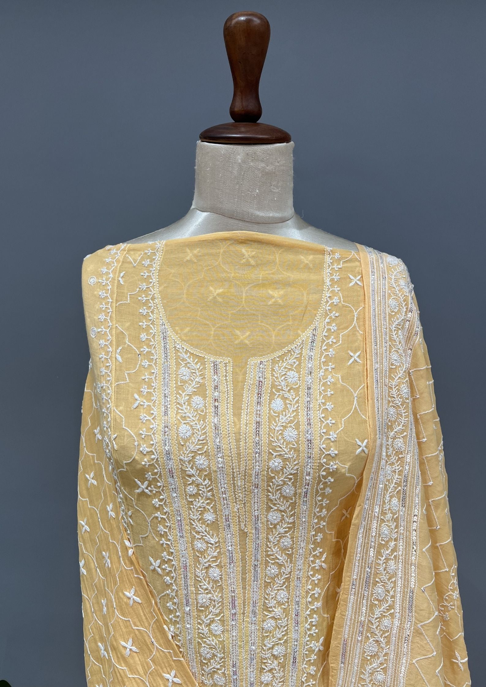 Mul Chanderi Chikankari Unstitch 2pc Suit Set - Candlelight Orange