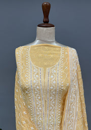 Mul Chanderi Chikankari Unstitch 2pc Suit Set - Candlelight Orange