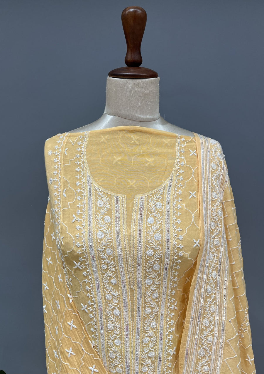 Mul Chanderi Chikankari Unstitch 2pc Suit Set - Candlelight Orange