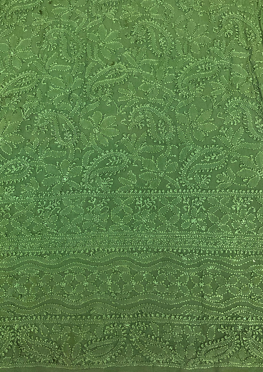 Georgette Unstitched Chikankari Kurta & Dupatta - Forest Green