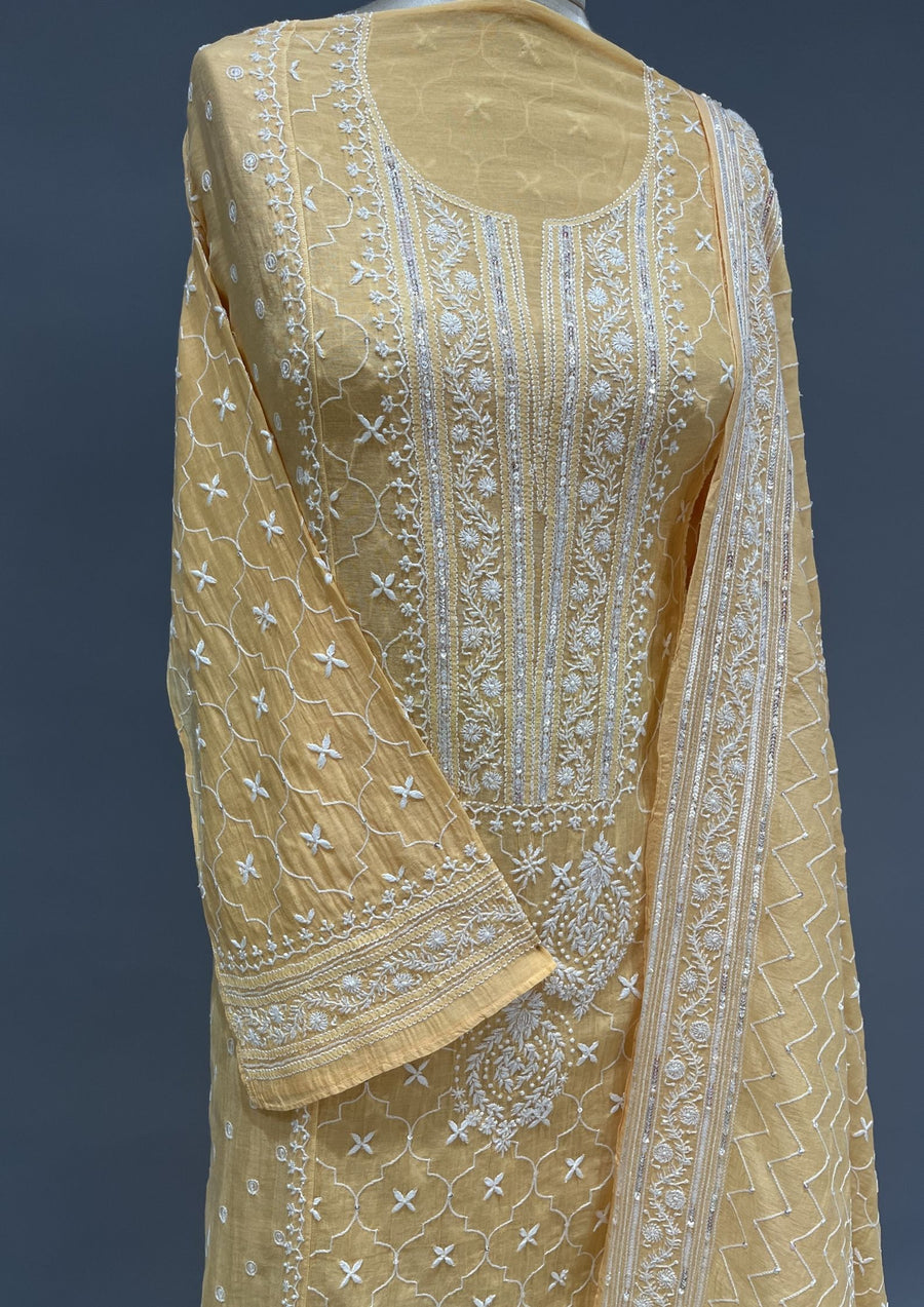 Mul Chanderi Chikankari Unstitch 2pc Suit Set - Candlelight Orange