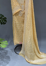 Mul Chanderi Chikankari Unstitch 2pc Suit Set - Candlelight Orange
