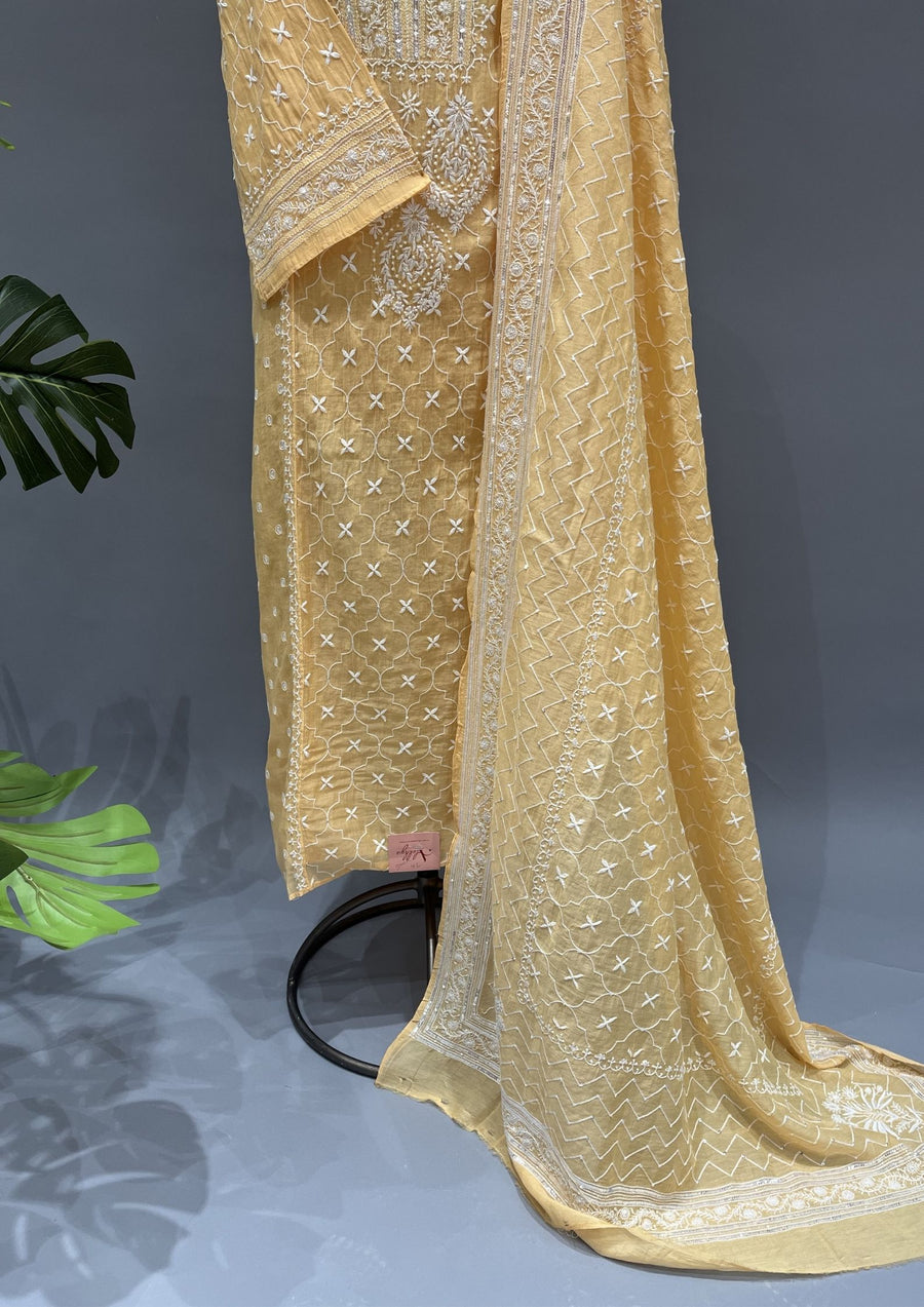 Mul Chanderi Chikankari Unstitch 2pc Suit Set - Candlelight Orange