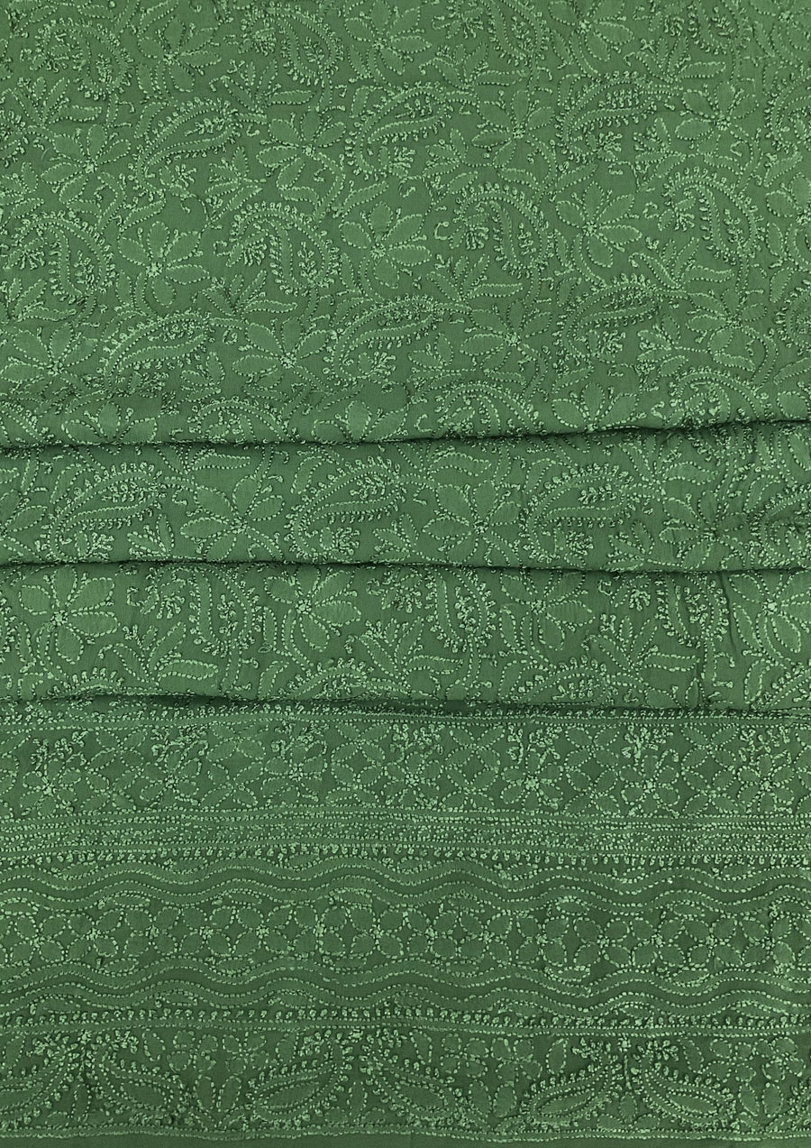 Georgette Unstitched Chikankari Kurta & Dupatta - Forest Green