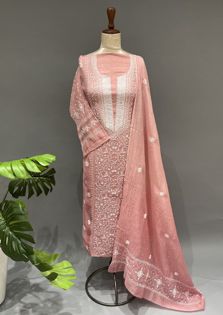 Mul Chanderi Chikankari Unstitch 2pc Suit Set - Rose Pink