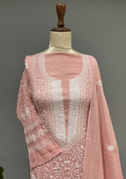 Mul Chanderi Chikankari Unstitch 2pc Suit Set - Rose Pink
